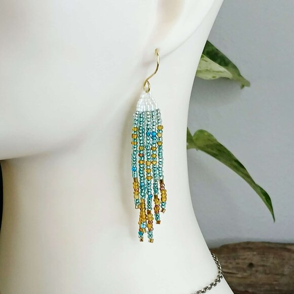 Boho Chic Beaded Fringe Cascade Shoulder Duster Dangle Earrings, 3.5" - Picture 1 of 7